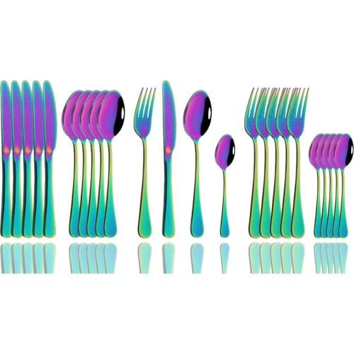 6Set Dinnerware Cutlery Set Stainless steel Colorful Mirror Rainbow Gold Knife Fork Teaspoon Dishwasher Safe Silverware Set