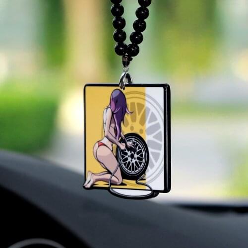 Car Pendant Fashion Acrylic Sexy Bikini Girl Pumping Tire Square Badge Auto Interior Creative JDM Decoration Ornaments Hip Hop