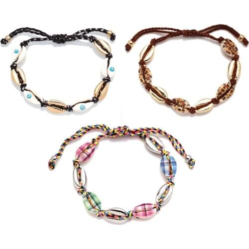 Boho Multicolor Embroidery Thread Cowrie Seashell Adjustable Anklet Printed Evil Eye Shells Summer Beach Surf Jewelry Present