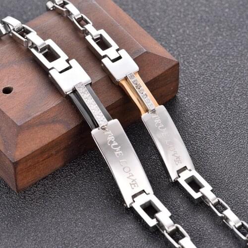 Couple Bracelets with Crystal Stone Charm Lover Wedding Bracelet for Women Men Zircon Stainless Steel Bangles Jewellery 1pcs