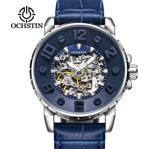 OCHSTIN Men Wristwatch 3D Dial Design Skeleton Clock Mechanical Male Wrist Watch Blue Relogio Masculino Automatic Zegarek Meski