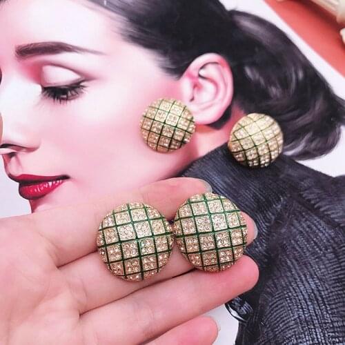 Checkered Green Enamel Crystal Rhinestone Earrings Round Statement Exaggeration Banquet Jewelry