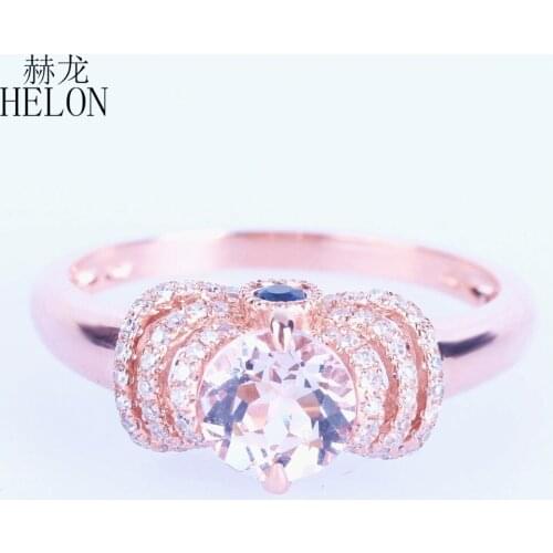 HELON Solid 10K Rose Gold Flawless Round 0.7ct Genuine Morganite & Diamond Sapphires Graceful Women Fine Jewelry Engagement Ring