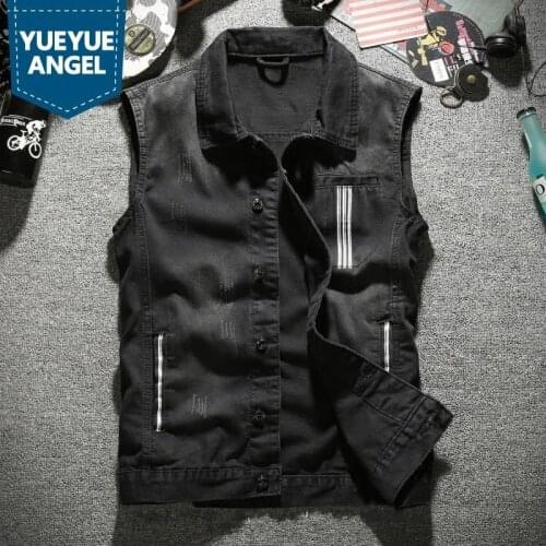 Korean Thin Slim Fit Vintage Cowboy Sleeveless Waistcoats Single Breasted Turn Down Collar Fashion Mens Denim Vests Plus Size
