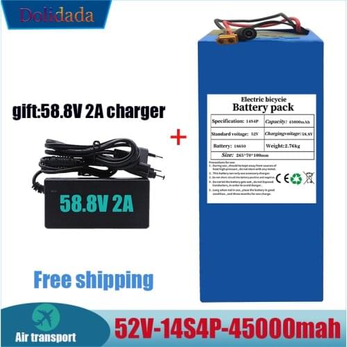 High capacity 52V 14S4P 45000mAh 18650 1000W lithium battery for balance car, electric bicycle, scooter, tricycle