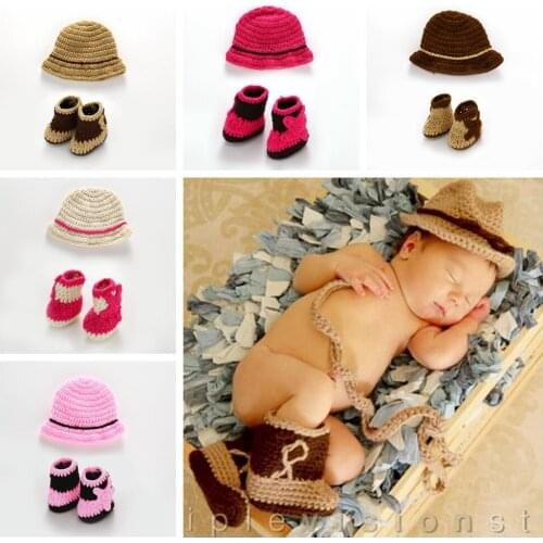 Lovely Newborn Baby Cowboy Crochet Costume Knitted Costume Shoes and Hats Suit Beautiful Photography Props Clothing Hoilday Gift