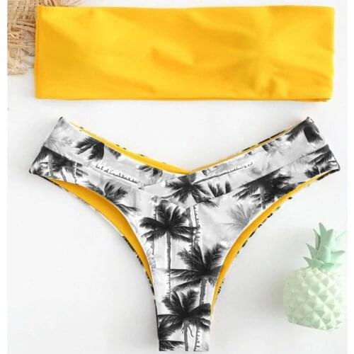 2021 New Double-sided Bikinis Set Women Low Waist Bandeau Swimwear Sexy Female Swimsuit Coconut Tree Print Bathing Suit Monokini