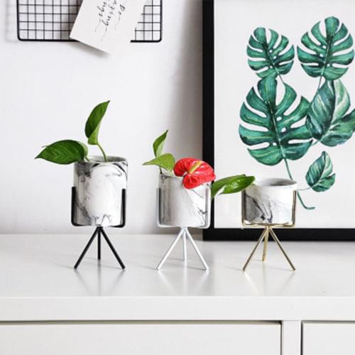 Newest Arrival Mini Flower Pot Round Marble Pattern Flower Plant Iron Wire Metal Rack Container Home Garden Decoration