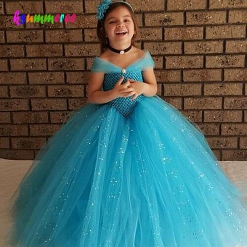 Girls Blue Glitter Princess Tutu Dress Elsa Inspired Kids Rhinestone Wedding TUTU Ball Gown Children Prom Birthday Party Dress
