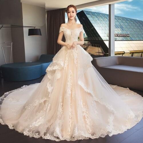 Vestido De Noiva 2020 Gryffon Luxury Lace Short Sleeve Elegant Boat Neck Lace Up Ball Gown Princess Robe De Mariee Customize