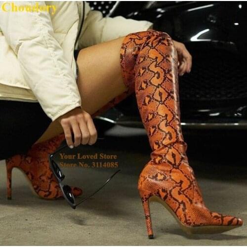 Choudory Orange Grey Snakeskin Printed Long Boots Stiletto Heels Thigh High Boots Over The Knee Gladiator Python Boots Size47