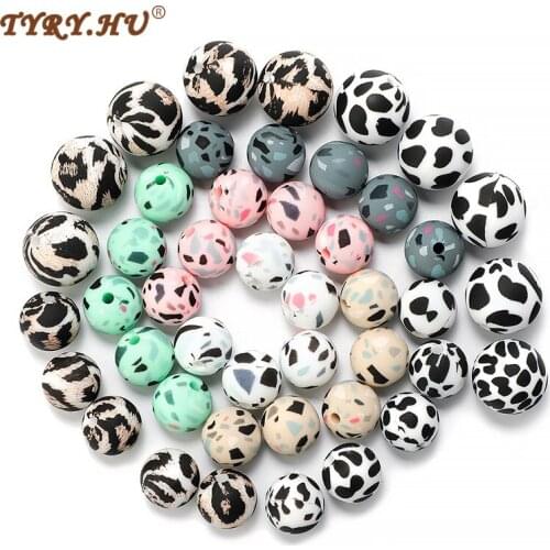 TYRY.HU 10Pcs 12/15mm Tie dye leopard Chewable Colorful Silicone Beads DIY Pacifier Chain Baby Safe Teether Accessries Bpa Free