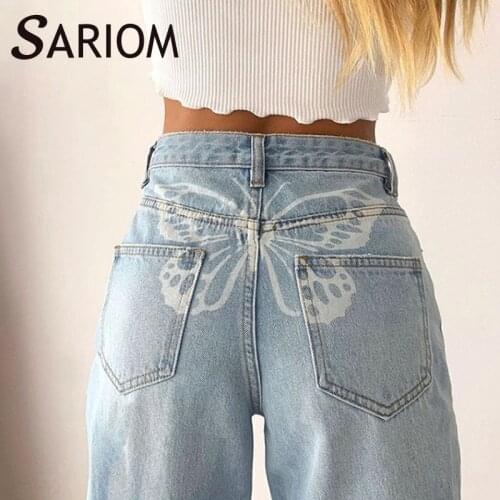 Harajuku Sweet Printed Butterfly Jeans Indie Light Blue Denim Trousers Vintage Women Korean Straight Long Pants Pantalon Femme