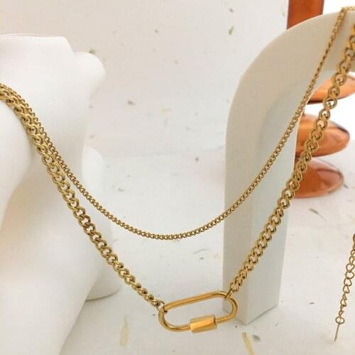 Monlansher Vintage Gold Color Titanium Steel Chain Necklaces Double Layer Chain Chokers Minimalist Carabiner Pendant Necklaces