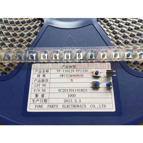 High Quality TP-1162 East Part Touch Switch 6*6*5 6*6*5mm SMD 4 Pin Silicone Soft Key IP67 Waterproof and Dustproof blue