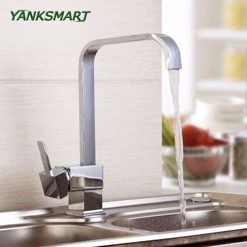 YANKSMART Brass Body Chrome Polished Kitchen Faucet Sink Mixer Tap Rotating Deck Mounted Basin Kitchen Faucets