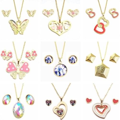Yunkingdom Heart Butterfly Stainless Steel Jewelry Sets for Women Stud Earrings Necklaces Set Random 15 Sets/lot Wholesale