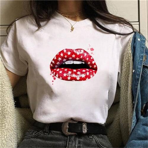 New Summer Top Tee Red Mouth Lip Kiss Printing Ladies O-Neck T-shirt Funny Graphic T-shirt Woman Vogue Harajuku T-shirt