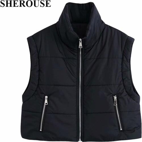 SHEROUSE Women Fashion With Pockets Front Zipper Solid Vest Vintage Sleeveless High Neck Casual Female Jacket Chic Outfits