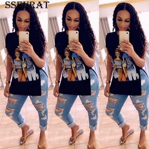 SSEURAT Cartoon Print Round Neck Short Sleeve Split Long Women Tshirts Summer Casual Fashion Loose Tops 2021