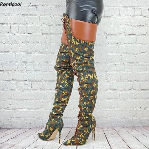 Ronticool Handmade Women Winter Thigh Boots Side Zipper Stiletto Heels Pointed Toe Camouflage Shoes Women Us Size 5-15