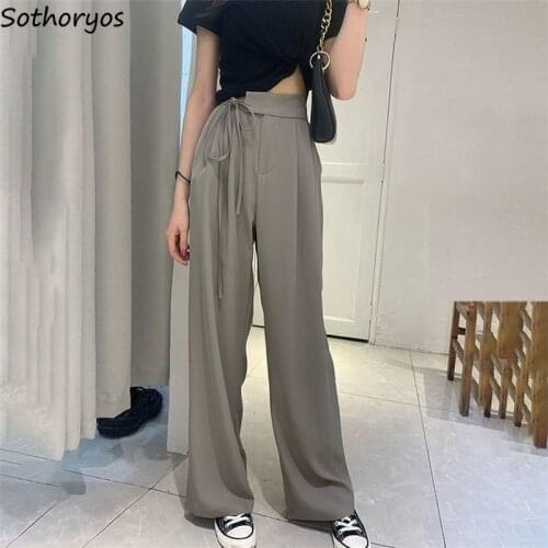 Elegant Draped Casual Pants Women Summer Straight High Waist Lace-up Bow Trousers Mopping Baggy Tender Ladies OL Streetwear Chic