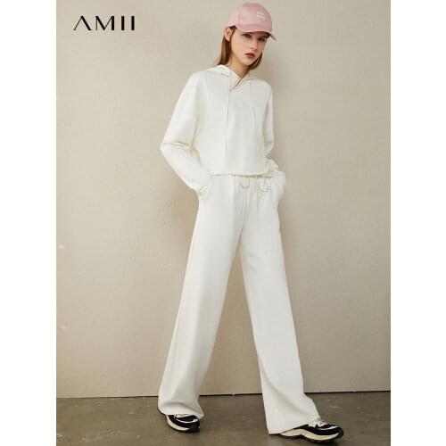 AMII Minimalism Autumn Causal Women Hoodies Embroidery Hooded Loose Sweater Hoodies Solid ElasticWaist Female Pants 12040389