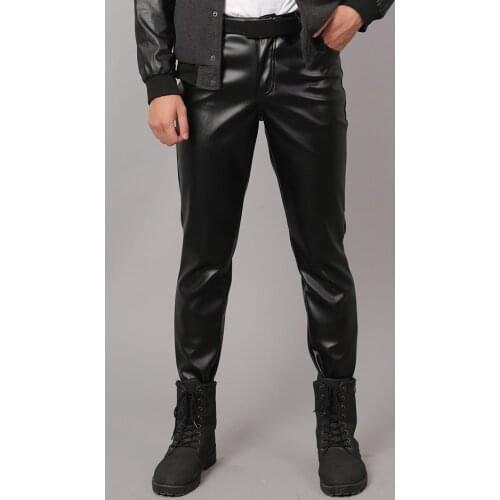 Thoshine Brand Spring Summer Men Leather Pants Slim Fit Elastic Style Fashion PU Leather Trousers Punk Motorcycle Pants Thin