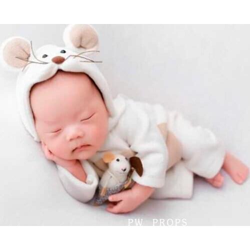 Fuzzy Animal Hat Footed Romper Outfit Newborn Photography Props Handmade Sewing Bonnet Romper Set Photo Shoot