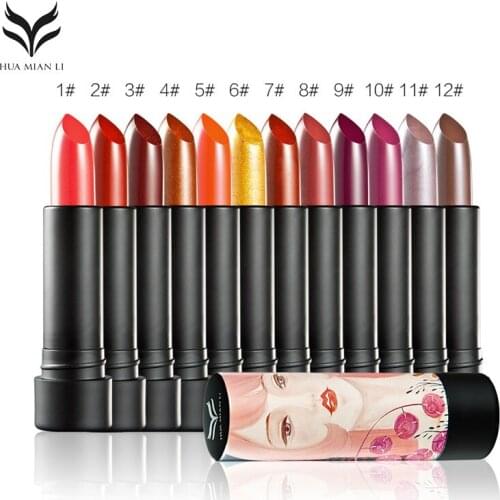 HUAMIANLI Lipstick 12 Colors Sexy Long Lasting Lipstick Waterproof Charming Cosmetics Lipstick Pearly Luster Beauty Lips Makeup