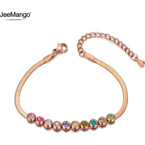 JeeMango Titanium Stainless Steel Mixed Color CZ Crystal Charm Bracelet For Women Bohemia Rose Gold Snake Chain Bracelet JB20046