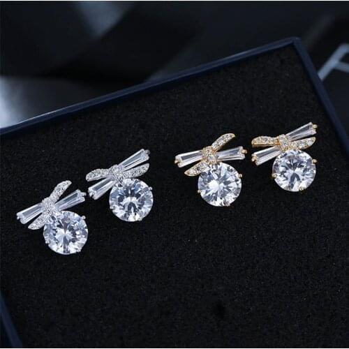Classic Bow Zircon Wedding Earrings Dainty Female White Round Crystal Earrings Vintage Gold Silver Color Stud Earrings For Women
