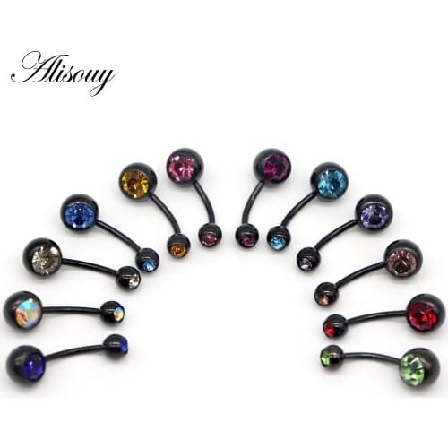 Alisouy 1 PCS punk 12 Colors Charm Black Stainless Steel Crystal Ring Body Piercing Jewelry Navel Belly Button jewelry for women