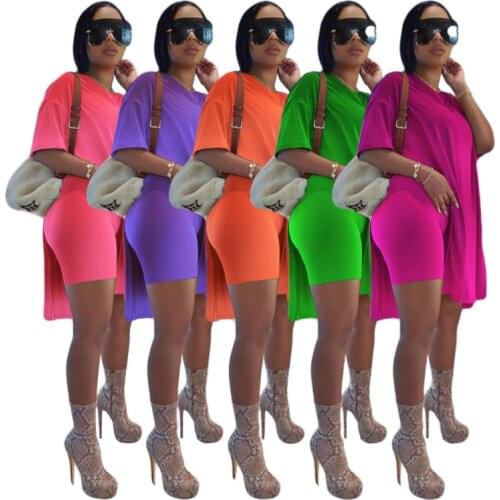 S-2XL summer 2021 2 piece sets womens outfits Solid mid-length split short sleeved top and short set Wholesale Dropshipping