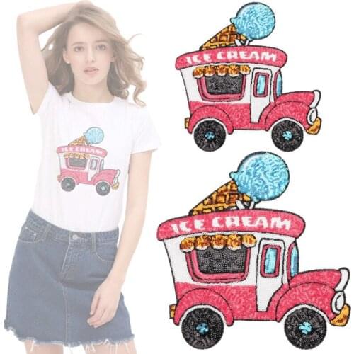 Ice Cream Car Sequins Embroidery Patches Large Iron on Patch Pink Stickers Thermo Adhesive Girl Bags Tshirt DIY Sewing Supplies