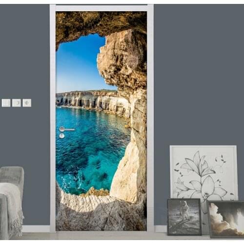 Cave Seascape 3D Photo Wallpaper Murals PVC Waterproof Self-adhesive Door Sticker Creative DIY Door Poster Wall Mural Stickers