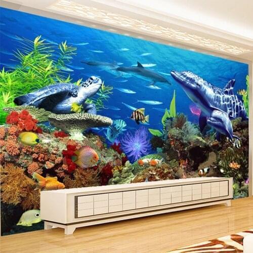 Custom Mural Wallpaper 3D Embossed Non-woven Lifelike Shark Dolphin Fish Underwater Blue Ocean Photo Wall Mural TV Sofa Backdrop