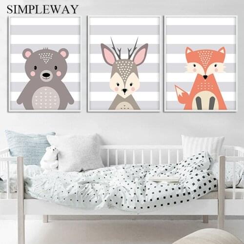 Cute Woodland Animal Deer Owl Fox Nursery Wall Art Canvas Poster and Print Painting Nordic Kids Baby Bedroom Decoration Picture