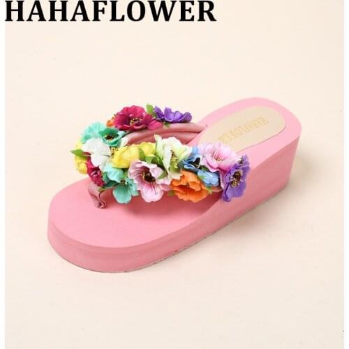HAHAFLOWER 2017 New Summer Slippers Women Fashion Flip Flops Beach Platform Sandals Ladies Handmade Flowers Wedge Shoes