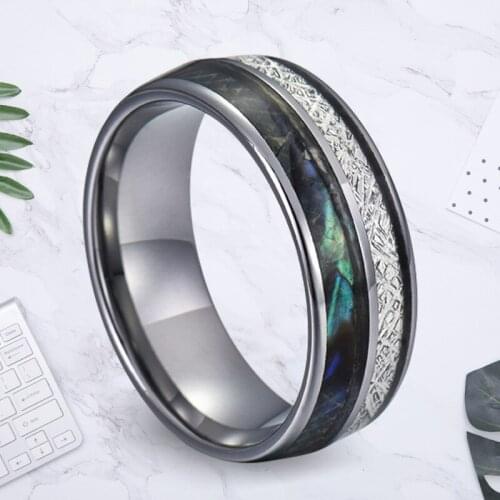 New Trendy 8mm Width Stainless Steel Wedding Ring for Women Men Dome Band with Shells & Meteorites Size 6-14