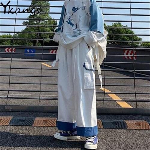 Solid Color Korean Casual Baggy Pants for Women Button Straight Elastic High Waist Pants Female Harajuku Loose Wide Leg Trousers