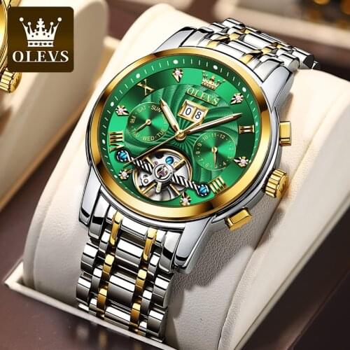 OLEVS Luxury Mens Business Mechanical Watch Green Automatic Stainless Steel Waterproof Tourbillon Fashion Business Watch