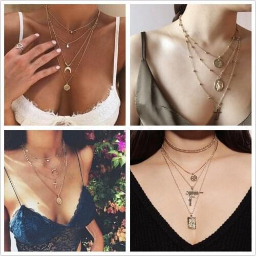 Pendants For Women Multi Layer Sequins Choker Necklace Gold Color Long Tassel Moon Cross Necklaces