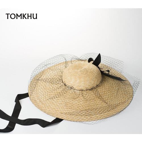 New Spring Summer Straw Hats For Women Big Wide Brim Ladies Summer Elegant Lace-up Net Yarn Catwalk Sunshade Fashion Beach Hat