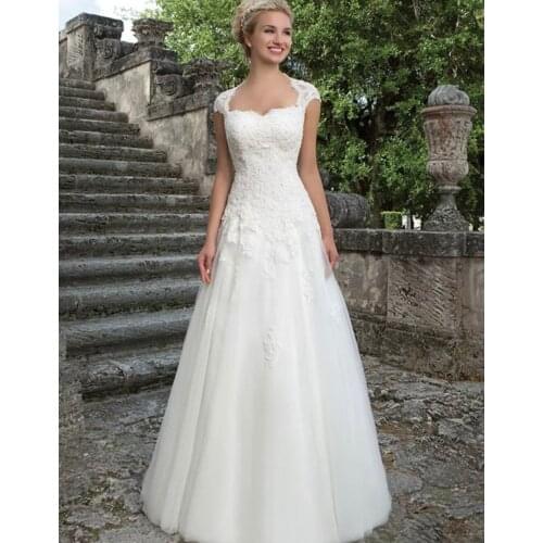 Wedding Dresses A-Line Scoop Cap Sleeve Lace Appliques Sequined Button Floor Length Sweep Train Elegant Bride Gowns 2021