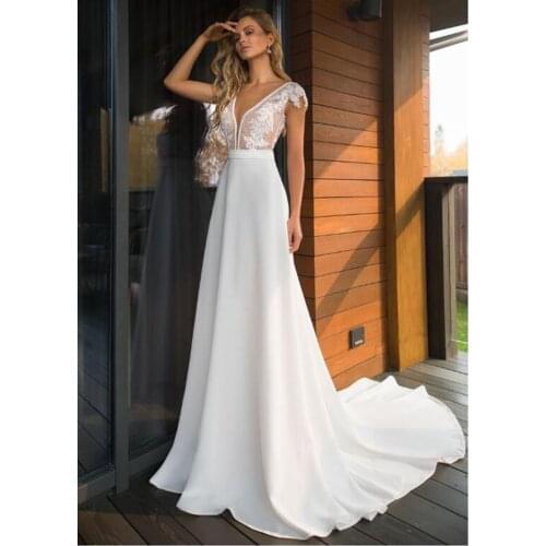 Boho Wedding Dresses Stain Deep V Neck Backless Elegant Bridal Gowns Cap Sleeves A-line Vestido de noiva Wedding Gown