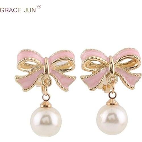 High Quality Simulated Pearl Pink Color Enamel Bowknot Shape Clip on Earrings Without Piercing for Girls Charm No Hole Ear Clip