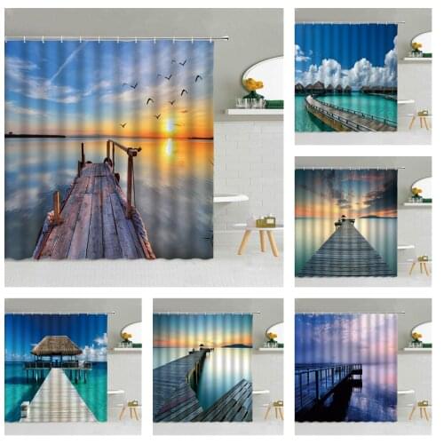 Sea Beach Scenery Print Shower Curtain Blue Dusk Shell Waterproof Bathroom Bathtub Decor Polyester Cloth Curtains Set With Hooks