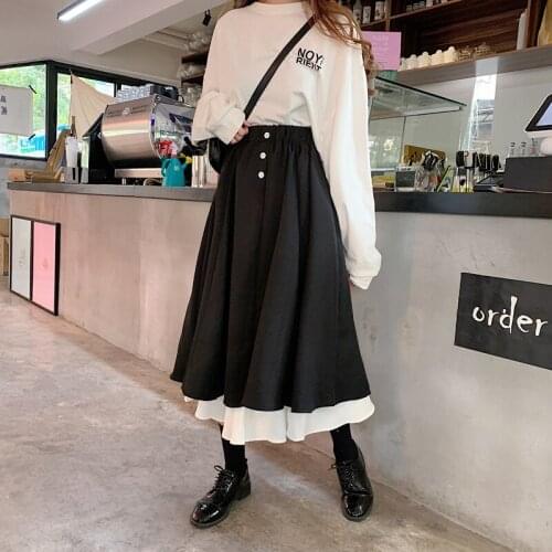 Gothic black women midi skirts korean style high waist skirt 2020 summer patchwork 2 layers buttons decorate plus size skirt