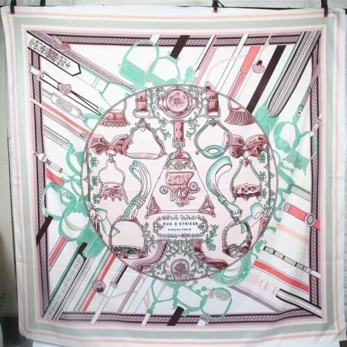 100% Twill Silk Square Scarf Women Luxury Spain Chain Saddle Print Scarves Wraps Brand Hijab Foulard Bandana Big Neckerchief